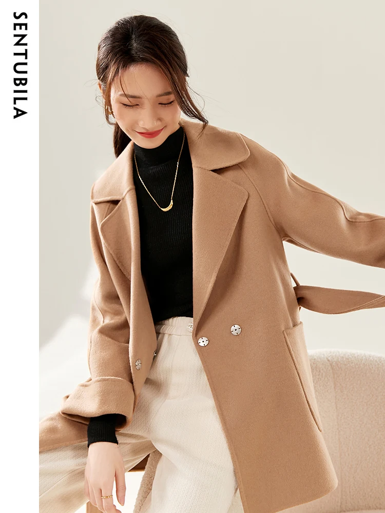 Wool Coat Peacoat - SENTUBILA เสื้อโค้ทขนสัตว์สำหรับผู้หญิงฤดูหนาว ดีไซน์หรูหรา ปกคอพับได้ ผ้าสองด้าน เย็บแบบเปิด