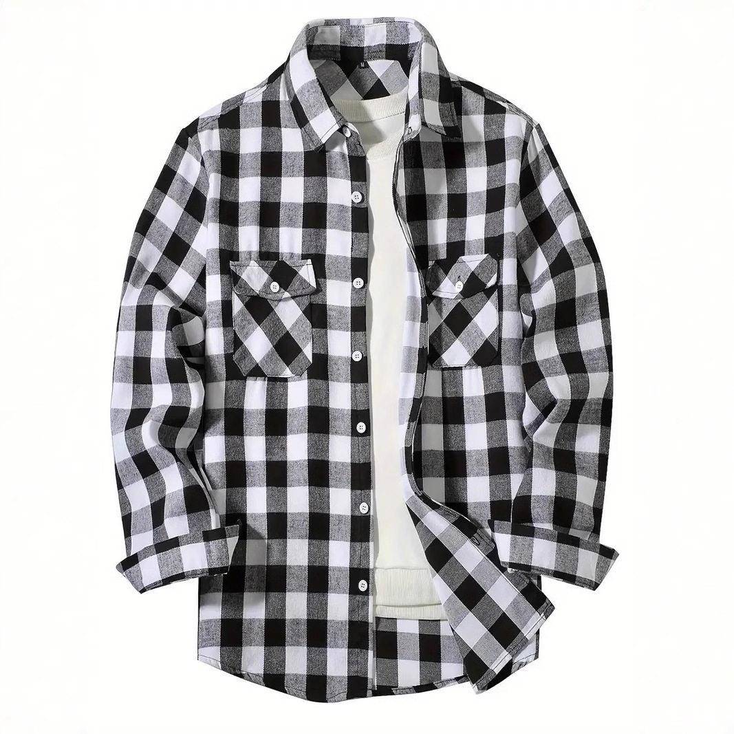 Flannel Shirt Lined - เสื้อแจ็คเก็ตเชิ้ตผ้าฟลานเนลบุขนเชอร์ปาสำหรับผู้ชาย ฤดูใบไม้ผลิ แขนยาว ติดกระดุม สไตล์คลีนฟิต ผ้าฝ้ายผสม