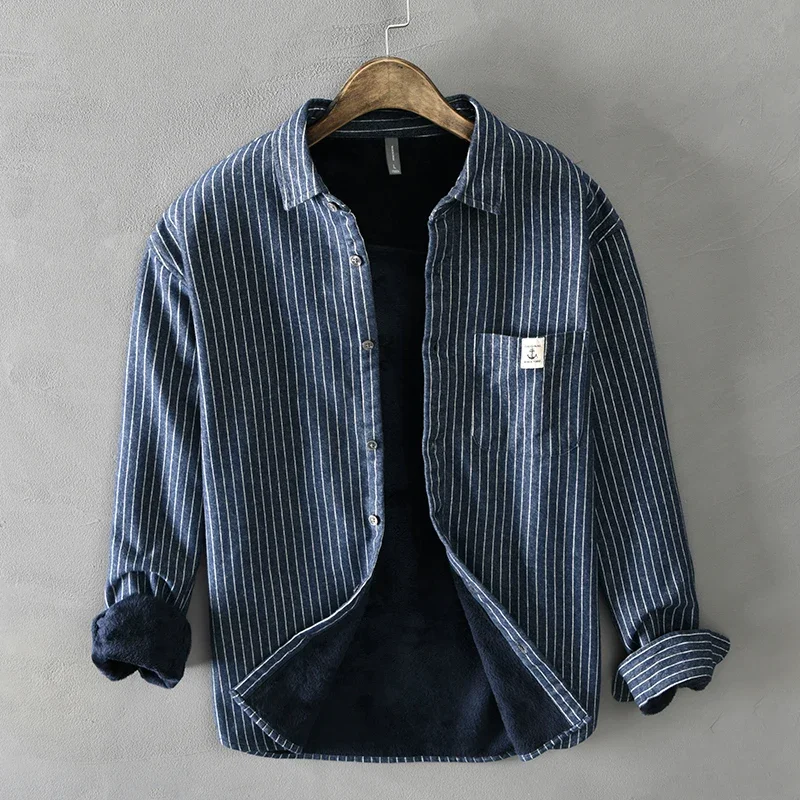 Flannel Shirt Lined - เสื้อเชิ้ตผู้ชายแฟชั่นฤดูหนาว ผ้าฟลีซบุขนหนานุ่ม อุ่นสบาย ลายทางคลาสสิก แขนยาว ปกเสื้อแบบปกเชิ้ต