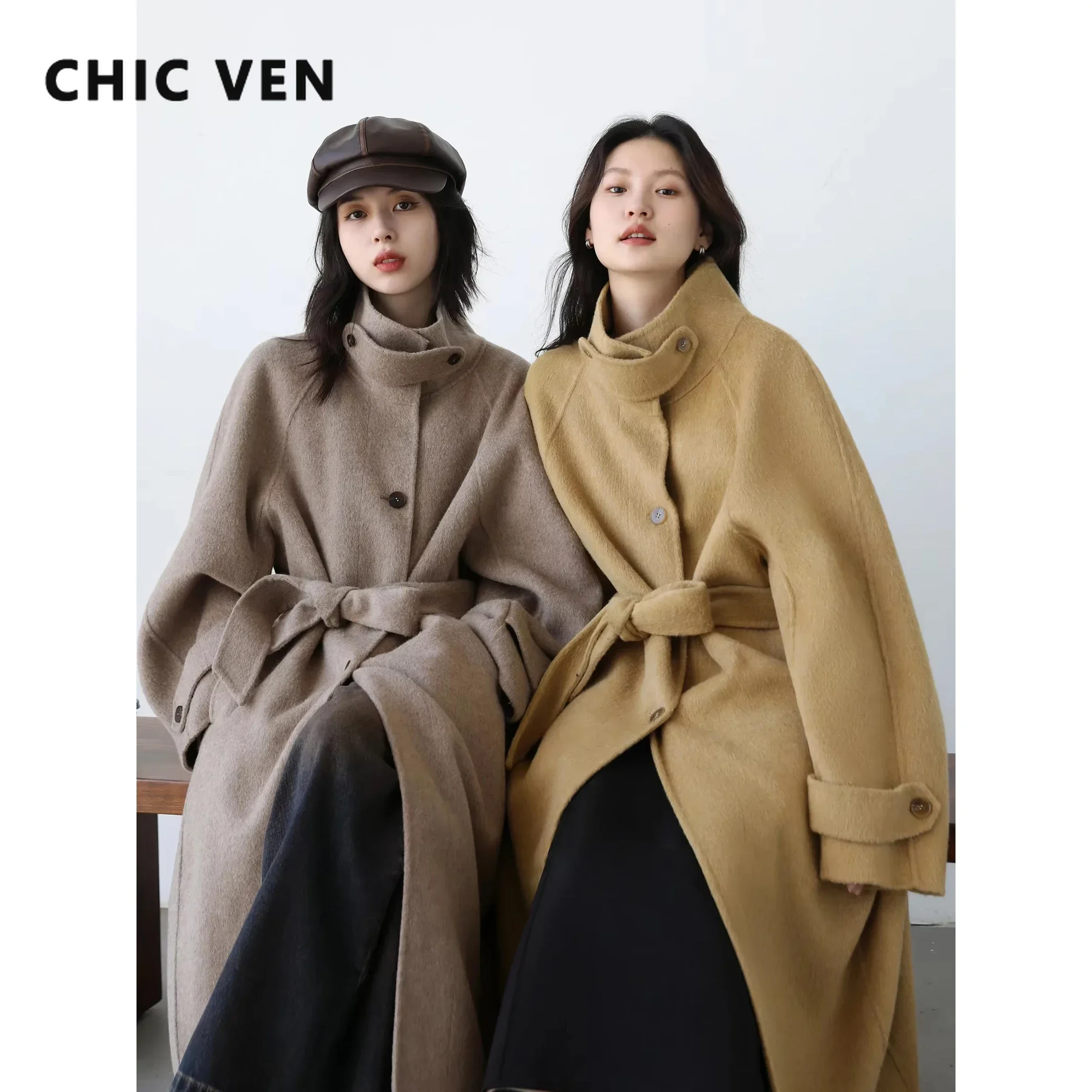 Wool Coat Peacoat - CHIC VENผู้หญิงเกาหลีเสื้อขนสัตว์เดี่ยวหลวมเข็มขัดคอยาวสองด้านสุภาพสตรีเสื้อกันหนาวฤดูใบไม้ร่วงฤดูหนาว 2024