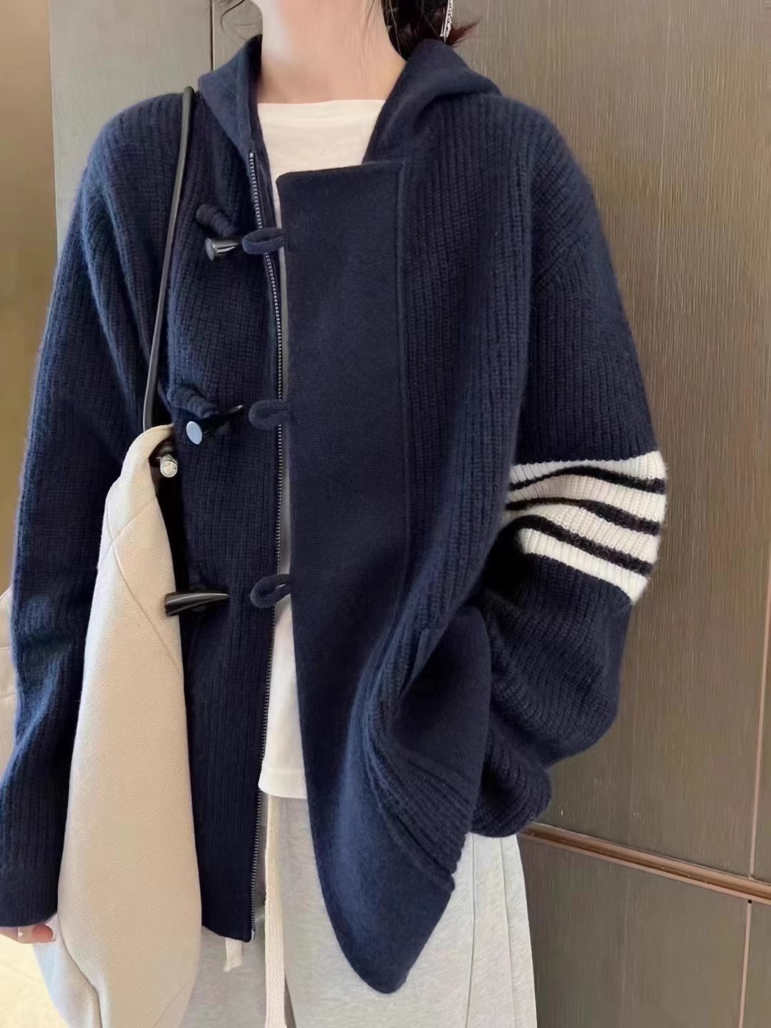 Wool Coat Peacoat - TB เสื้อคาร์ดิแกนถักสำหรับผู้หญิง, เสื้อโค้ทแคชเมียร์100% มีฮู้ด2024ฤดูใบไม้ร่วง/ฤดูหนาวเสื้อสเวตเตอร์แบบหลวม
