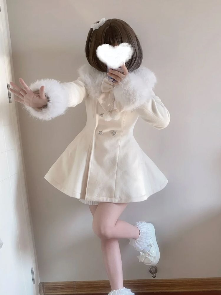 Wool Coat Peacoat - เสื้อโค้ทผู้หญิงสไตล์ญี่ปุ่นสำหรับฤดูใบไม้ร่วงและฤดูหนาว ดีไซน์หรูหรา น่ารัก พร้อมปกขนเฟอร์เทียม แขนยาว สไตล์ลำลอง