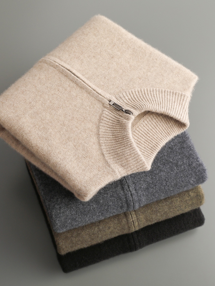 Wool Coat Peacoat - ขนสัตว์ Merino 100% ผู้ชายเสื้อถักเสื้อสเวตเตอร์ถักฤดูใบไม้ร่วงฤดูหนาวหนาซิปเสื้อกันหนาว Mock คอแคชเมียร์เรียบง่ายสบาย
