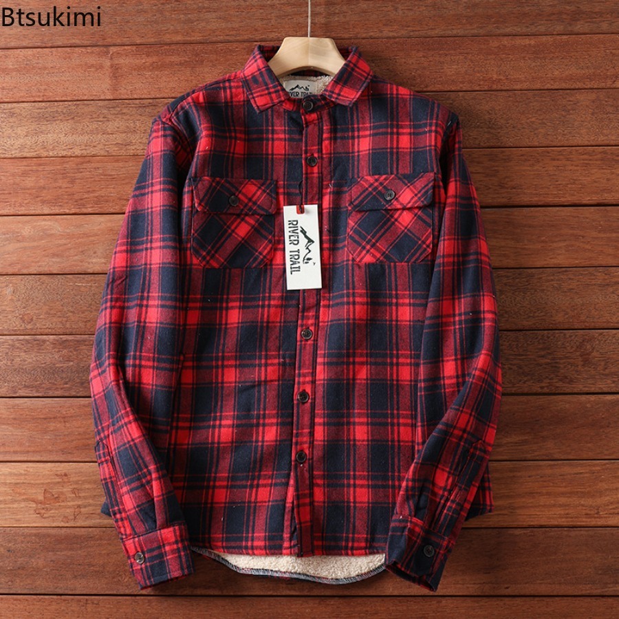 Flannel Shirt Lined - เสื้อแจ็คเก็ตผ้าฟลีซลายสก็อตสำหรับฤดูหนาว เสื้อโค้ทผ้าฟลานเนลสำหรับผู้ชาย เสื้อโค้ทกันหนาวแบบมีซับในขนเชอร์ปา ติดกระดุม สไตล์วินเทจ เหมาะสำหรับใส่ทำงานหรือทำกิจกรรมกลางแจ้ง