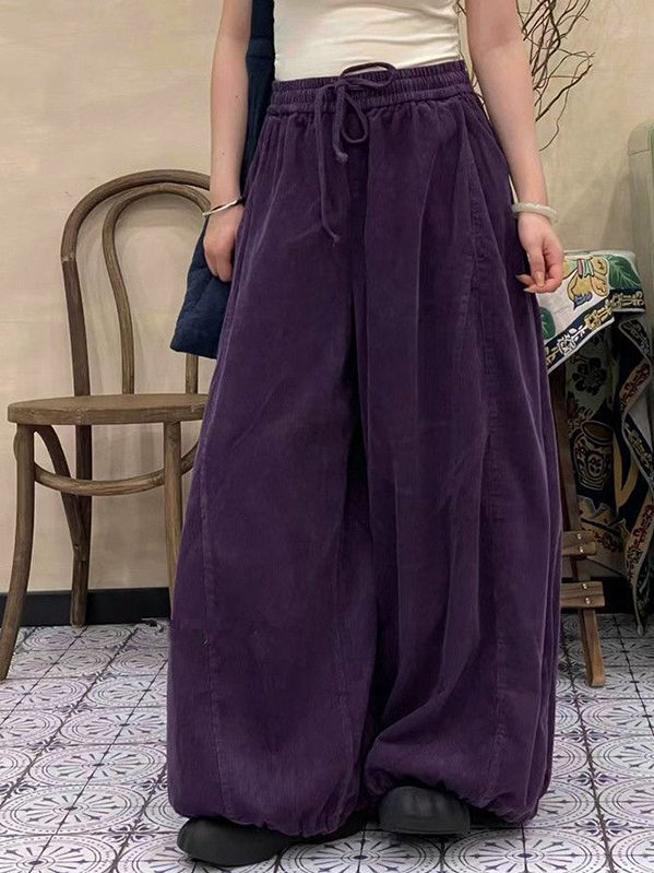Corduroy Pant Warm - กางเกงขากว้างเอวสูงผ้าลูกฟูกสำหรับผู้หญิงไซส์ใหญ่ ฤดูใบไม้ร่วงฤดูหนาว กางเกงลำลองอุ่นสบาย สไตล์ญี่ปุ่น เอวยางยืด โพลีเอสเตอร์