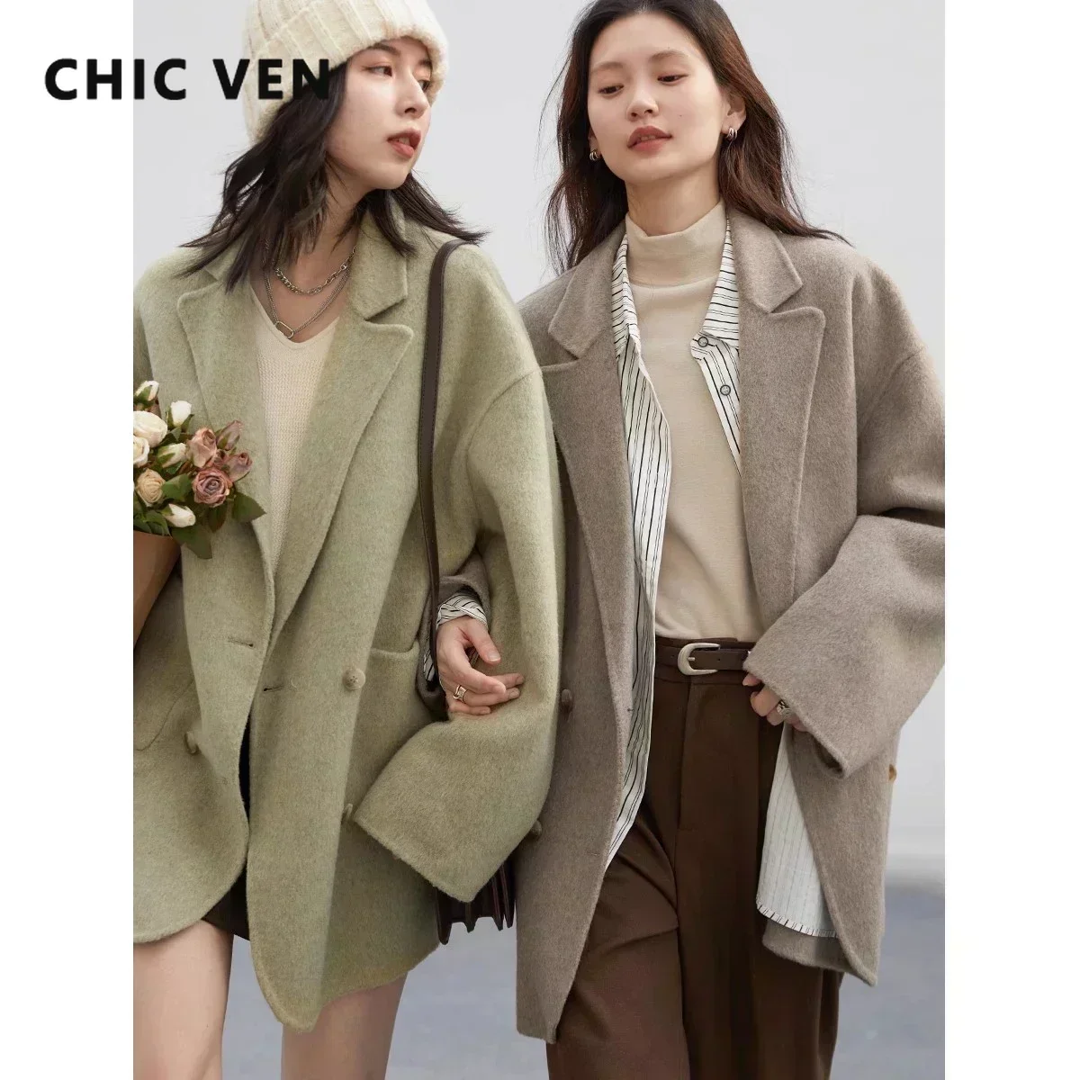 Wool Coat Peacoat - เสื้อโค้ทขนสัตว์ผู้หญิง CHIC VEN ทรงหลวม สไตล์ลำลอง กระดุมสองแถว