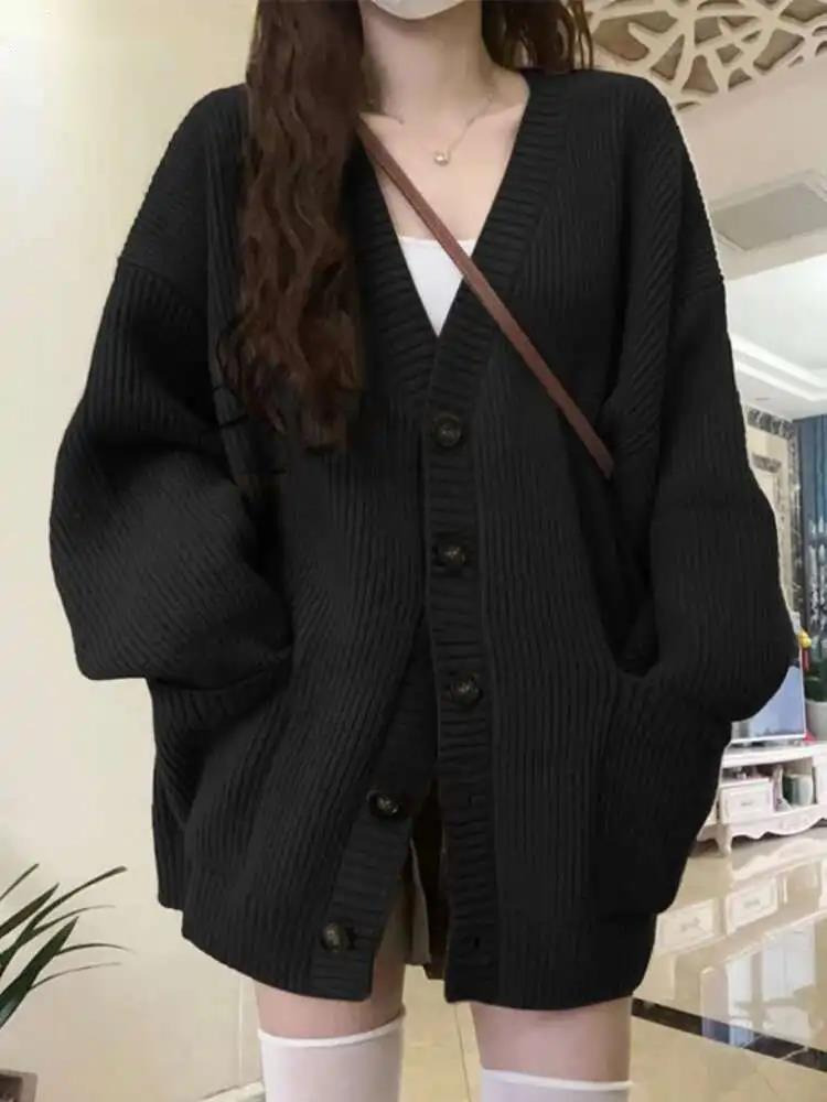 Wool Coat Peacoat - หลวมเสื้อสเวตเตอร์ถักผู้หญิงแขนยาว V คอถักสีดํา Slouchy All-Match หญิงฤดูใบไม้ร่วงฤดูหนาวเสื้อเกาหลี